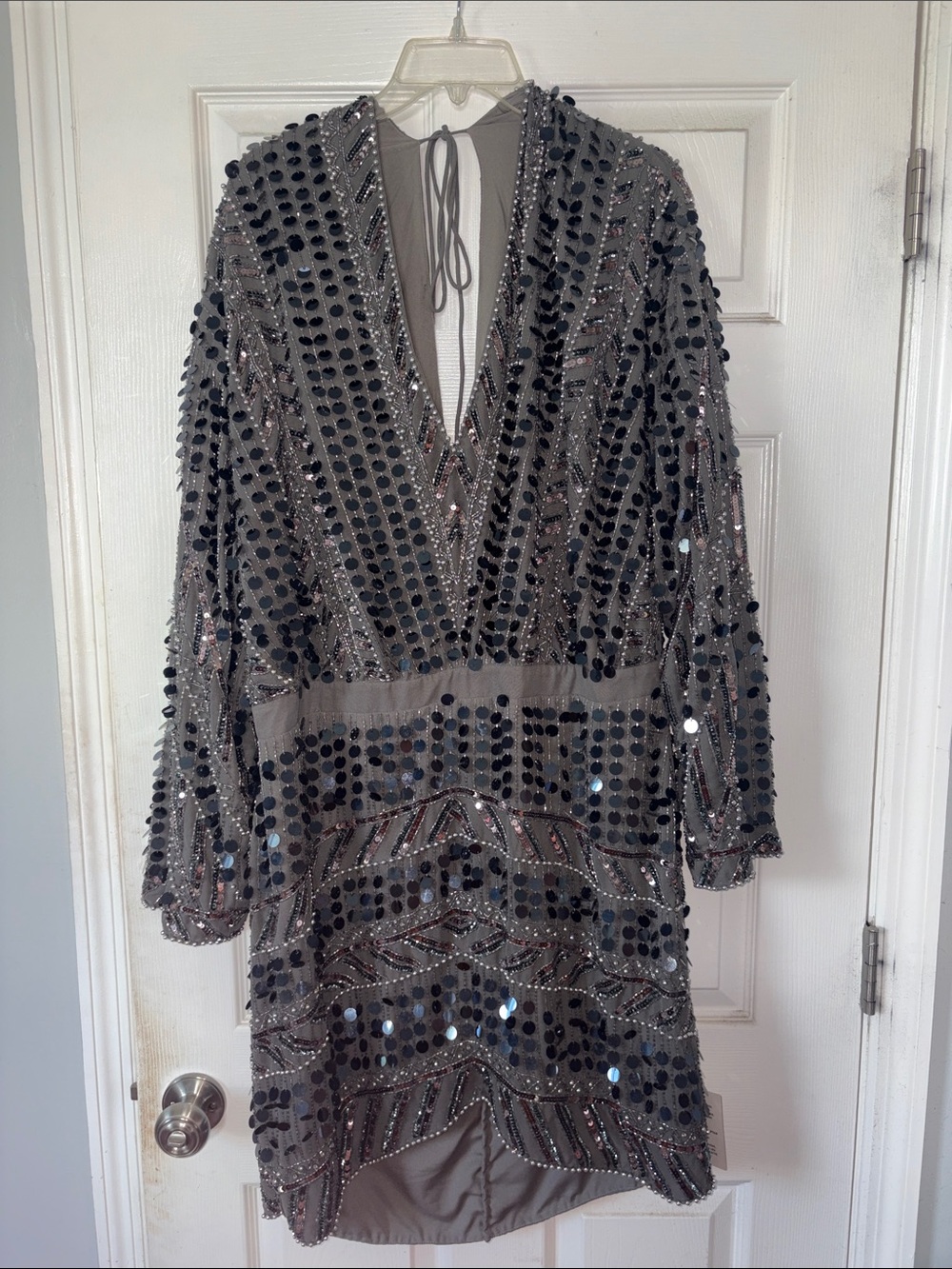ASOS Curve embellished patchwork mini dress with waist details in silver size 14